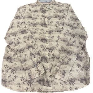 Tommy Bahama Men’s Long Sleeve White Shirt with Gray Palm Trees and Hotel